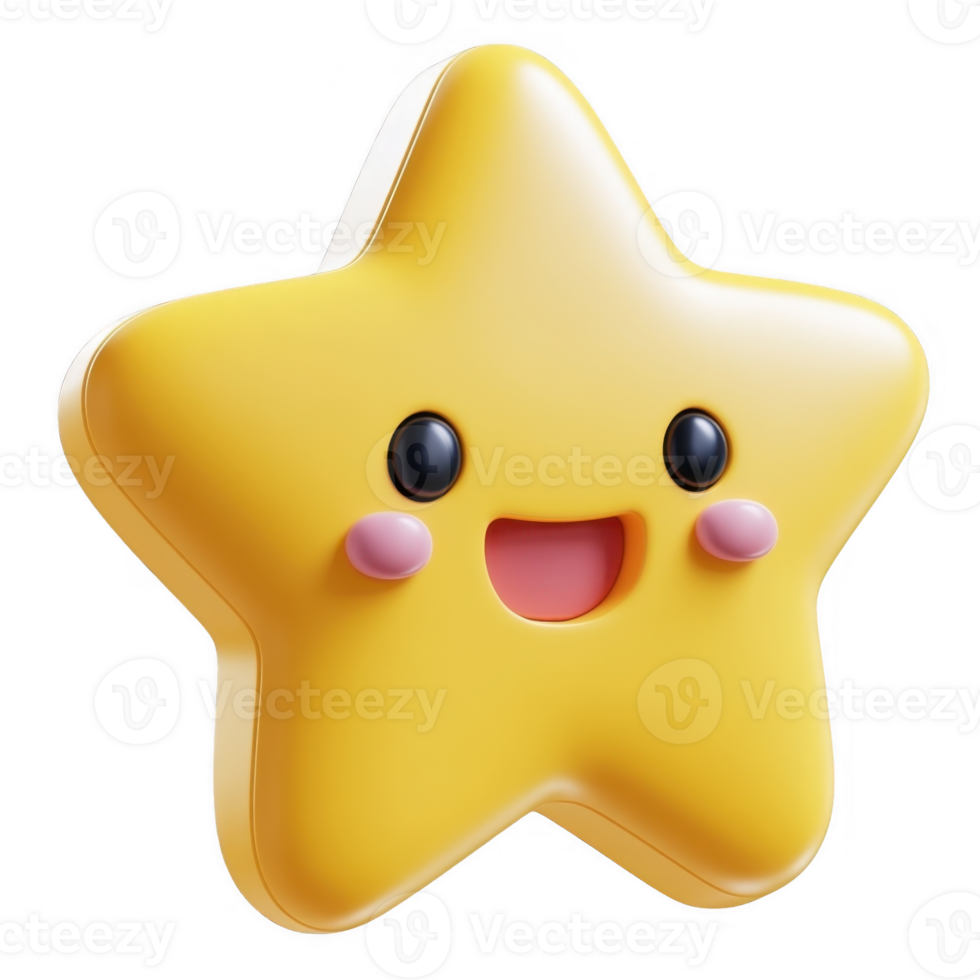 Adorable 3d icon happy star emoji character with blushing cheeks and large eyes, set against a transparent background png
