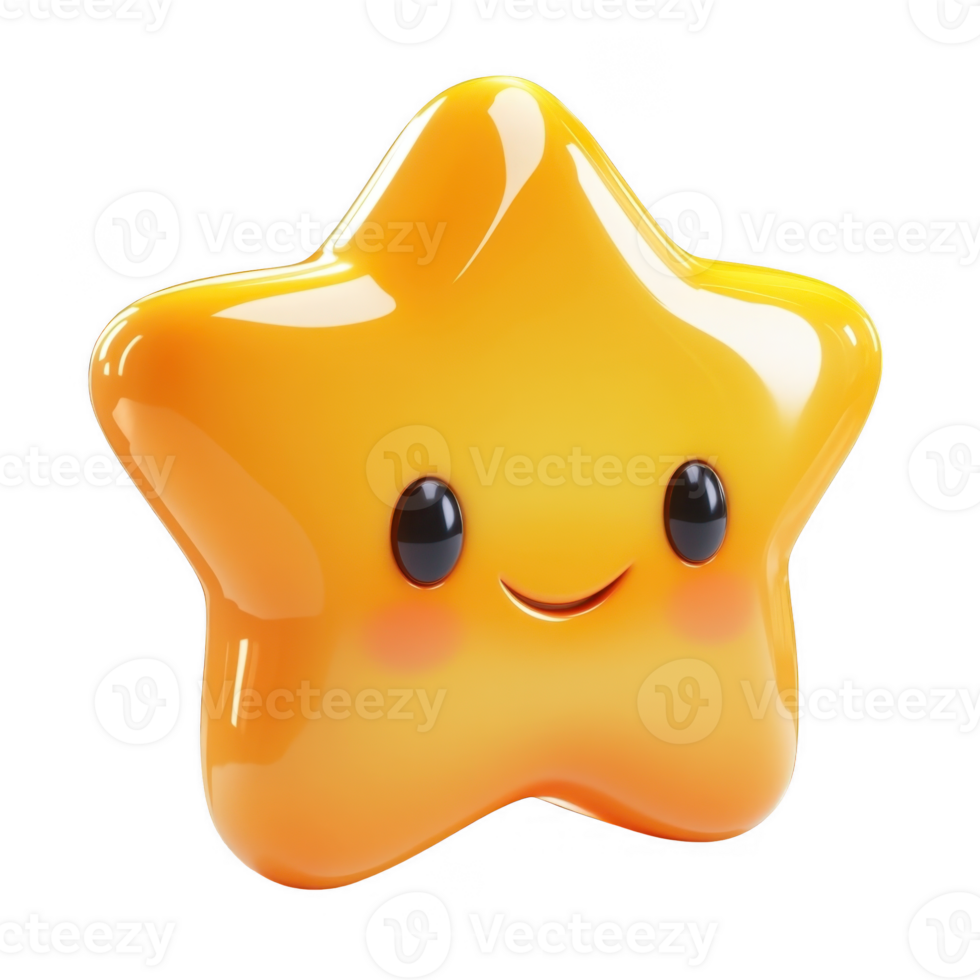 Cute 3d icon happy star emoji character with blushing cheeks and large eyes, set against a transparent background png