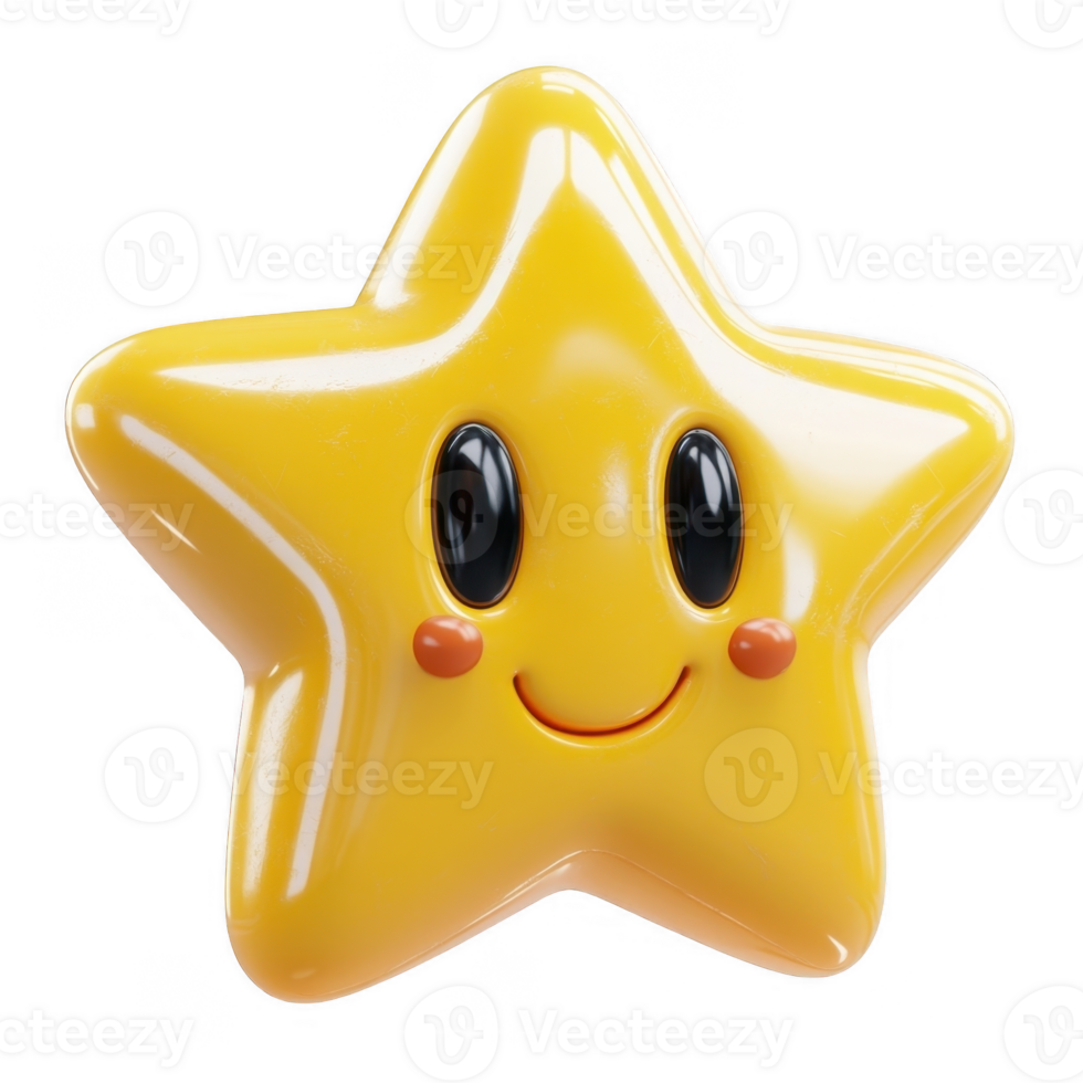 Cute 3d icon happy star emoji character with blushing cheeks and large eyes, set against a transparent background png