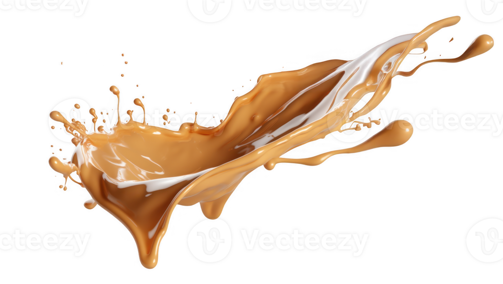 3d Dynamic caramel splashes and droplets in liquid form against a clear backdrop, ideal for food and beverage promotions a transparent background png