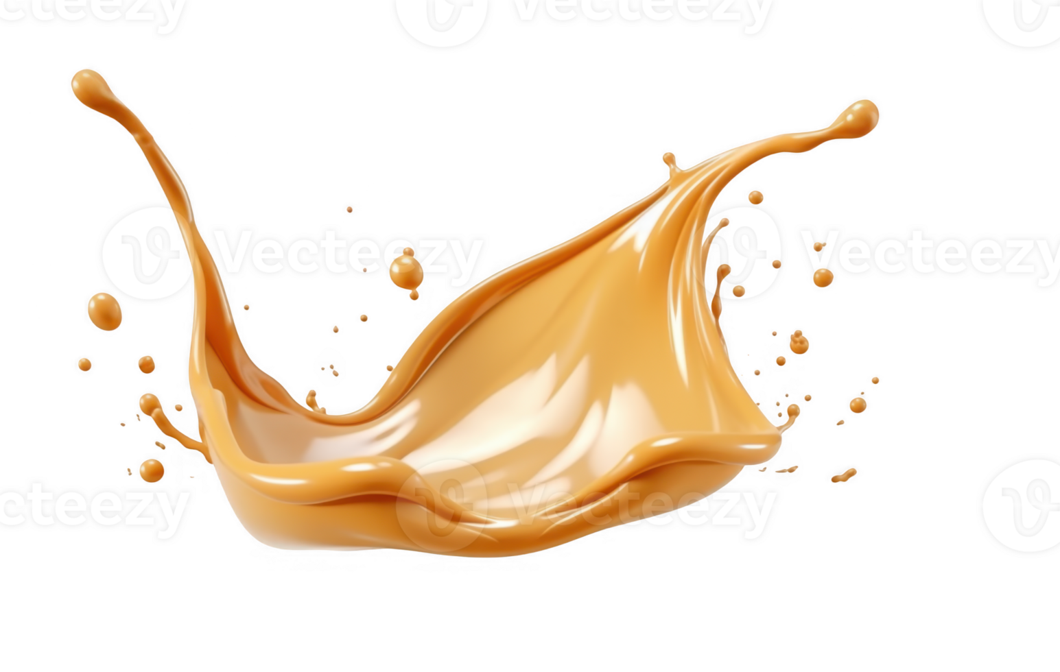 3d Dynamic caramel splashes and droplets in liquid form against a clear backdrop, ideal for food and beverage promotions a transparent background png