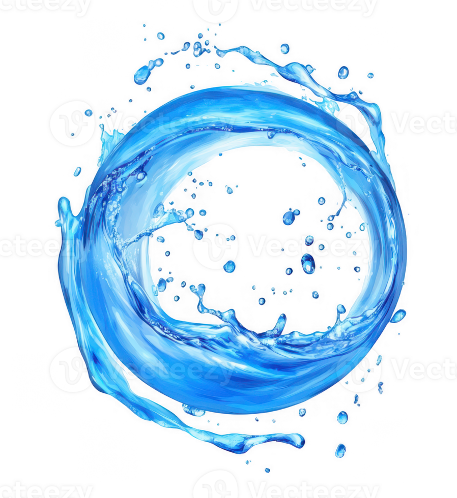 Realistic blue water splash swirling in a circle with drops isolated on transparent background png