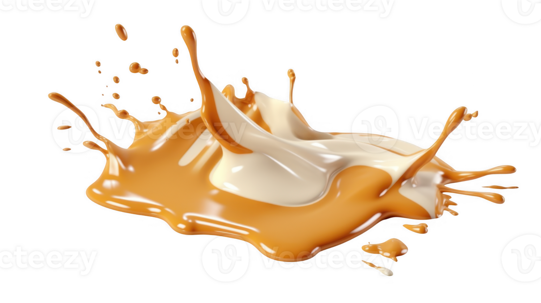3d Dynamic caramel splash and droplets in liquid form against a clear backdrop, ideal for food and beverage promotions a transparent background png