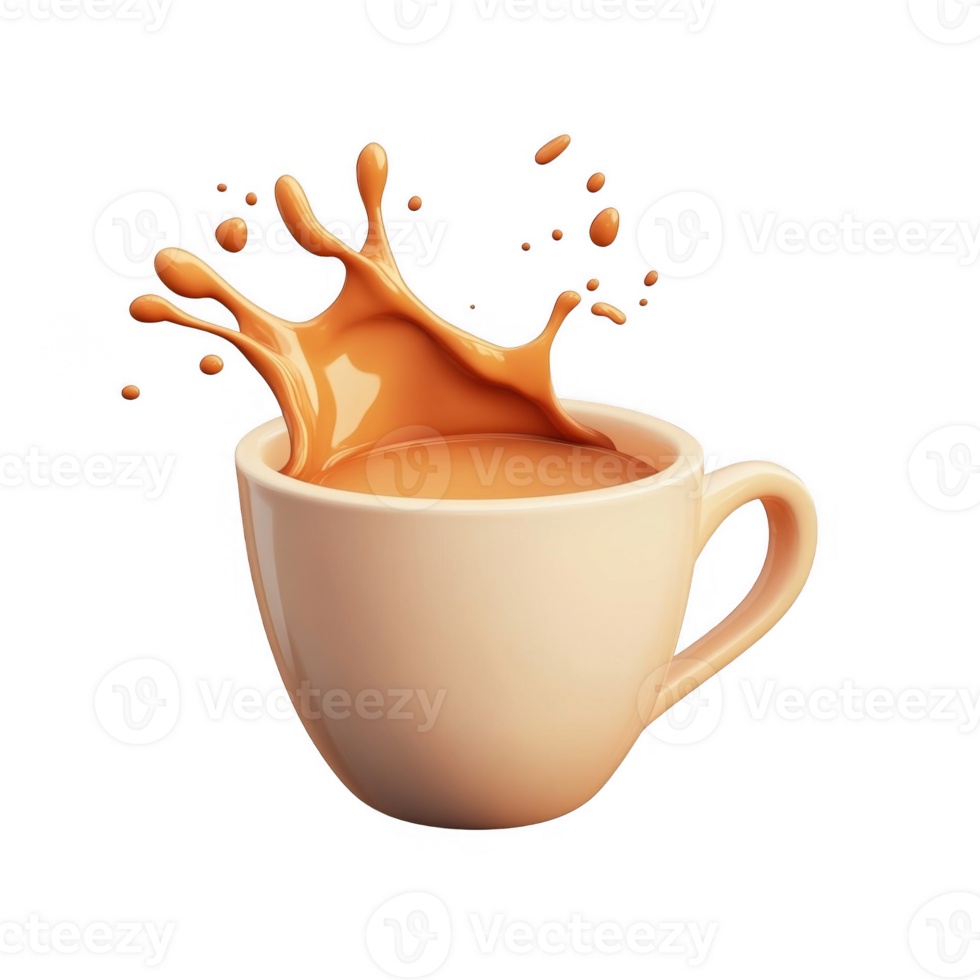 3d icon brown ceramic mug filled with creamy chocolate milk creating a splash, isolated on a transparent background png
