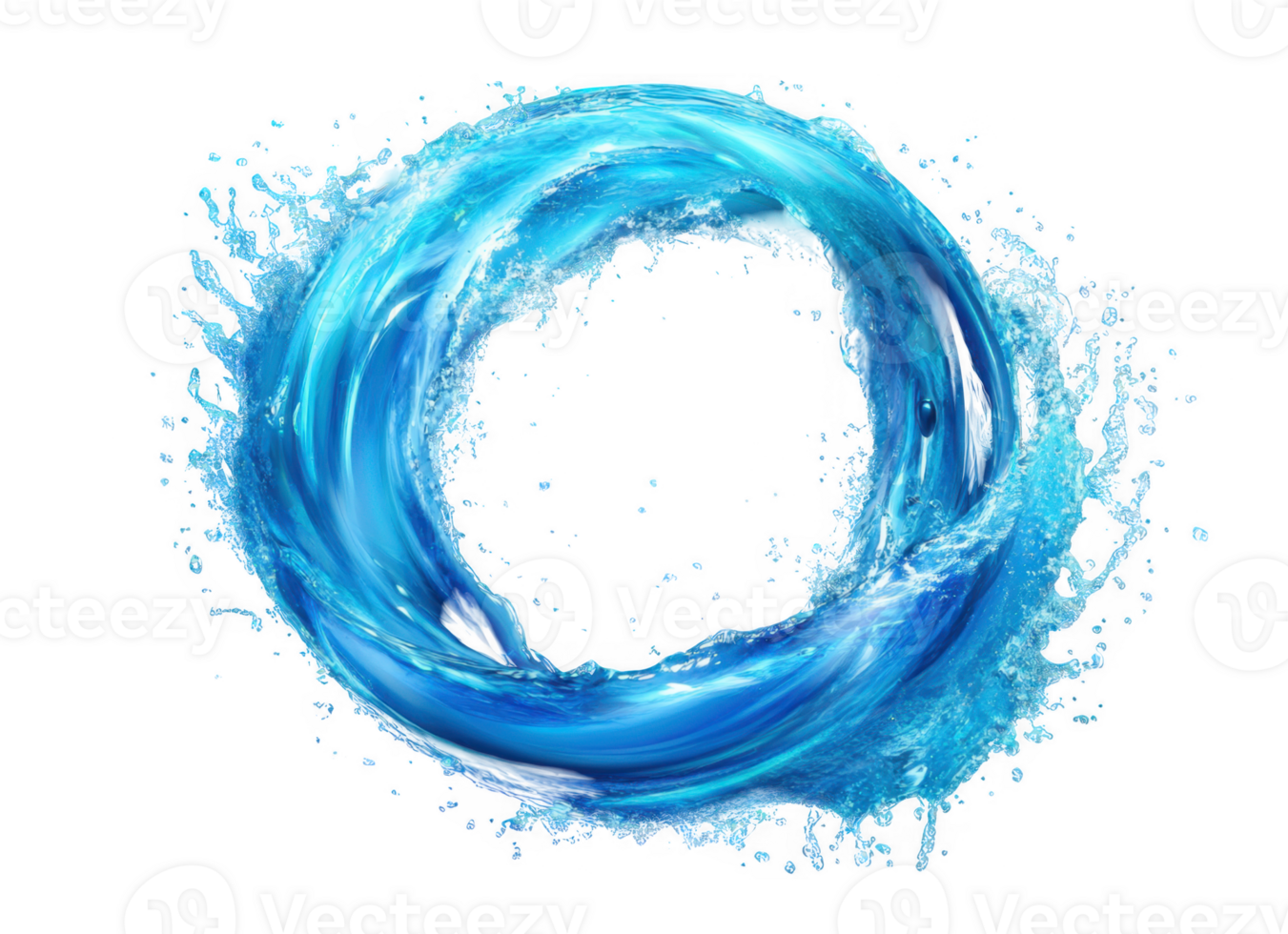 Graceful blue circle swirl water splash in crown shape, creating dynamic droplets against a transparent background, evoking freshness and purity png