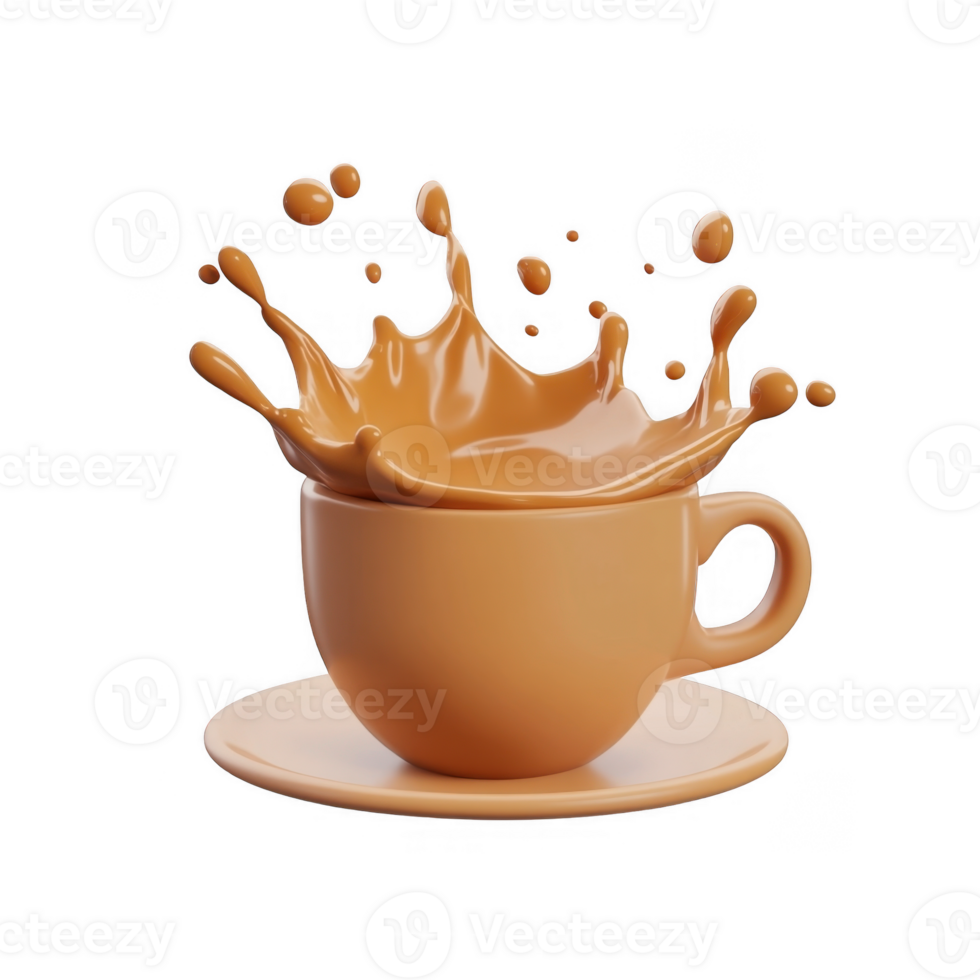 3d icon brown ceramic mug filled with creamy chocolate milk creating a splash, isolated on a transparent background png