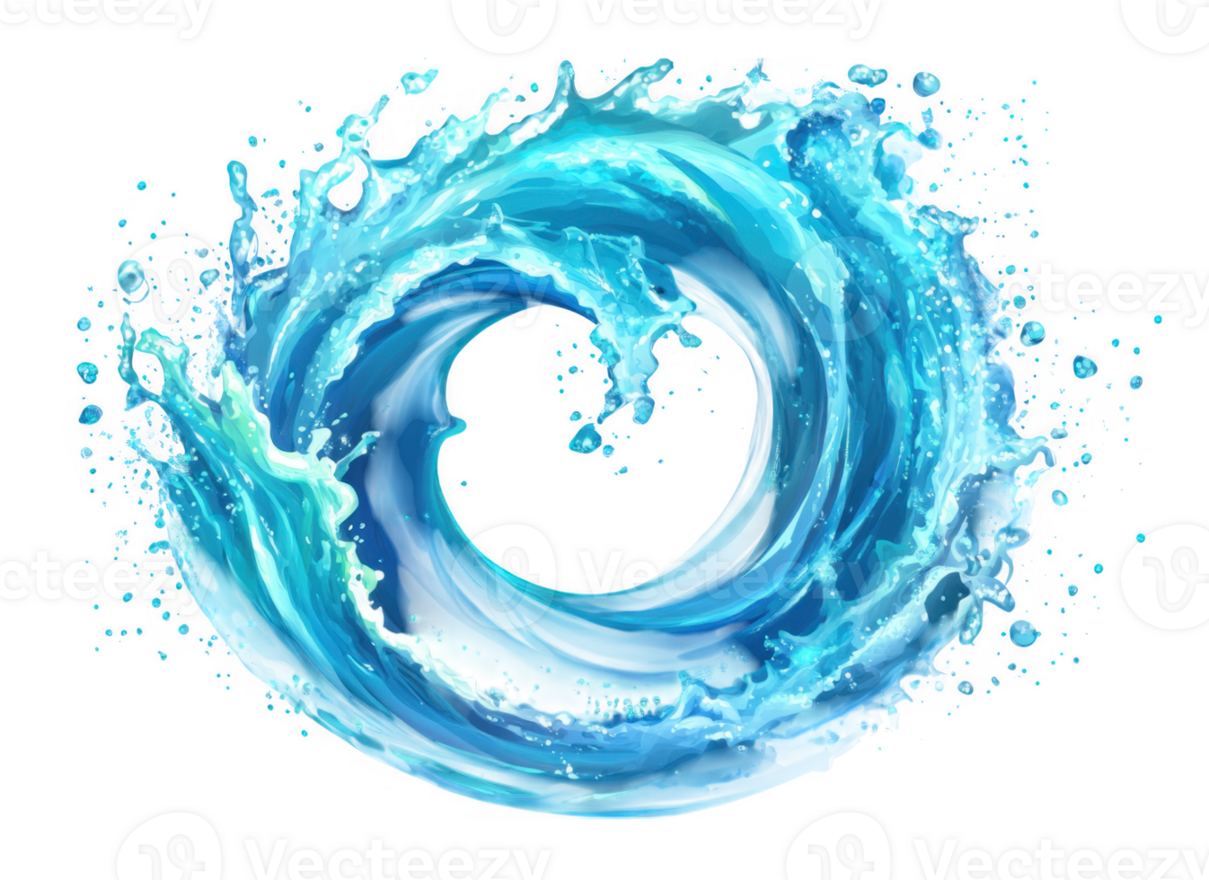 Circular splash of swirling, clean water creating dynamic droplets against a transparent background, evoking freshness and purity png