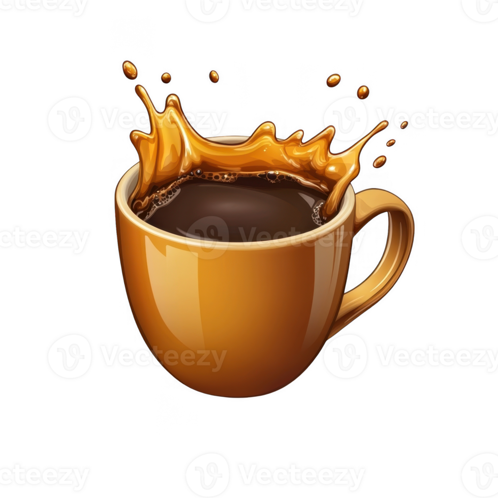 3d icon brown ceramic mug filled with creamy chocolate milk creating a splash Mocha Mousse, isolated on a transparent background png
