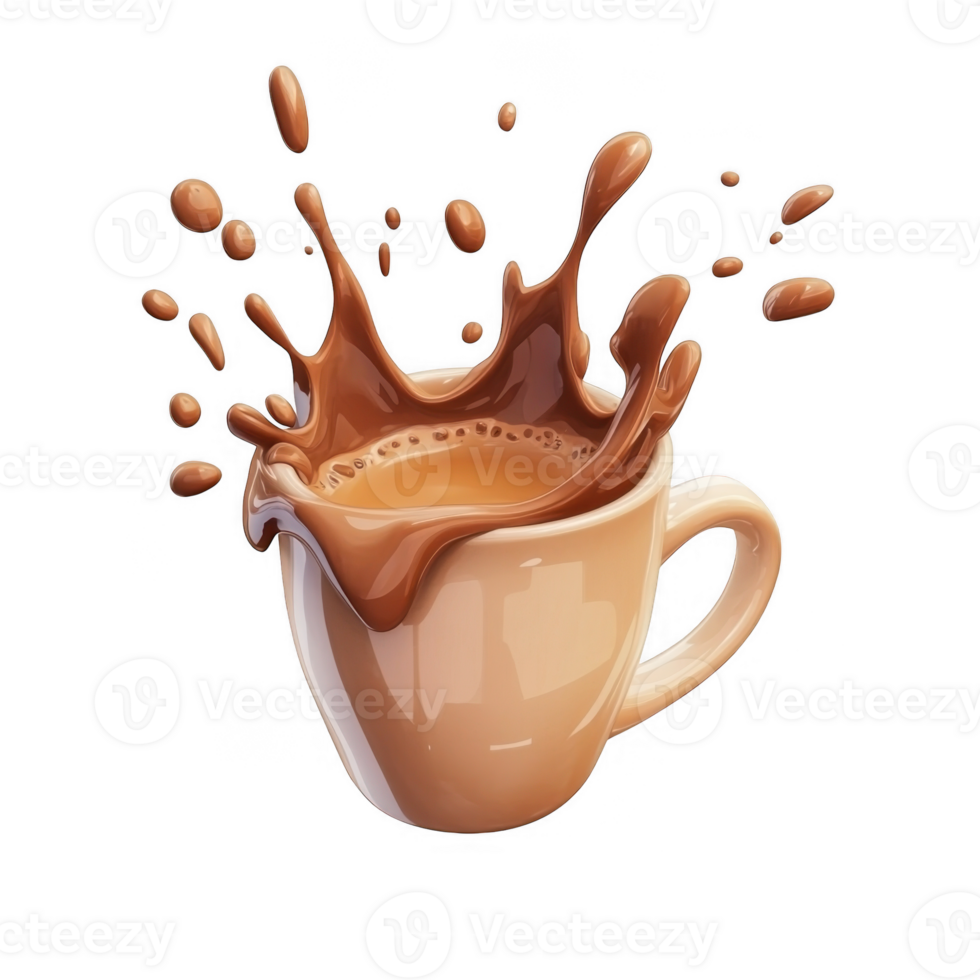 3d icon brown ceramic mug filled with creamy chocolate milk creating a splash Mocha Mousse, isolated on a transparent background png