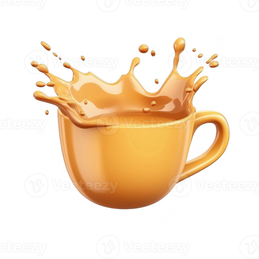 3d icon Overflowing orange coffee liquid splashing from a cup on a isolated on a transparent background png
