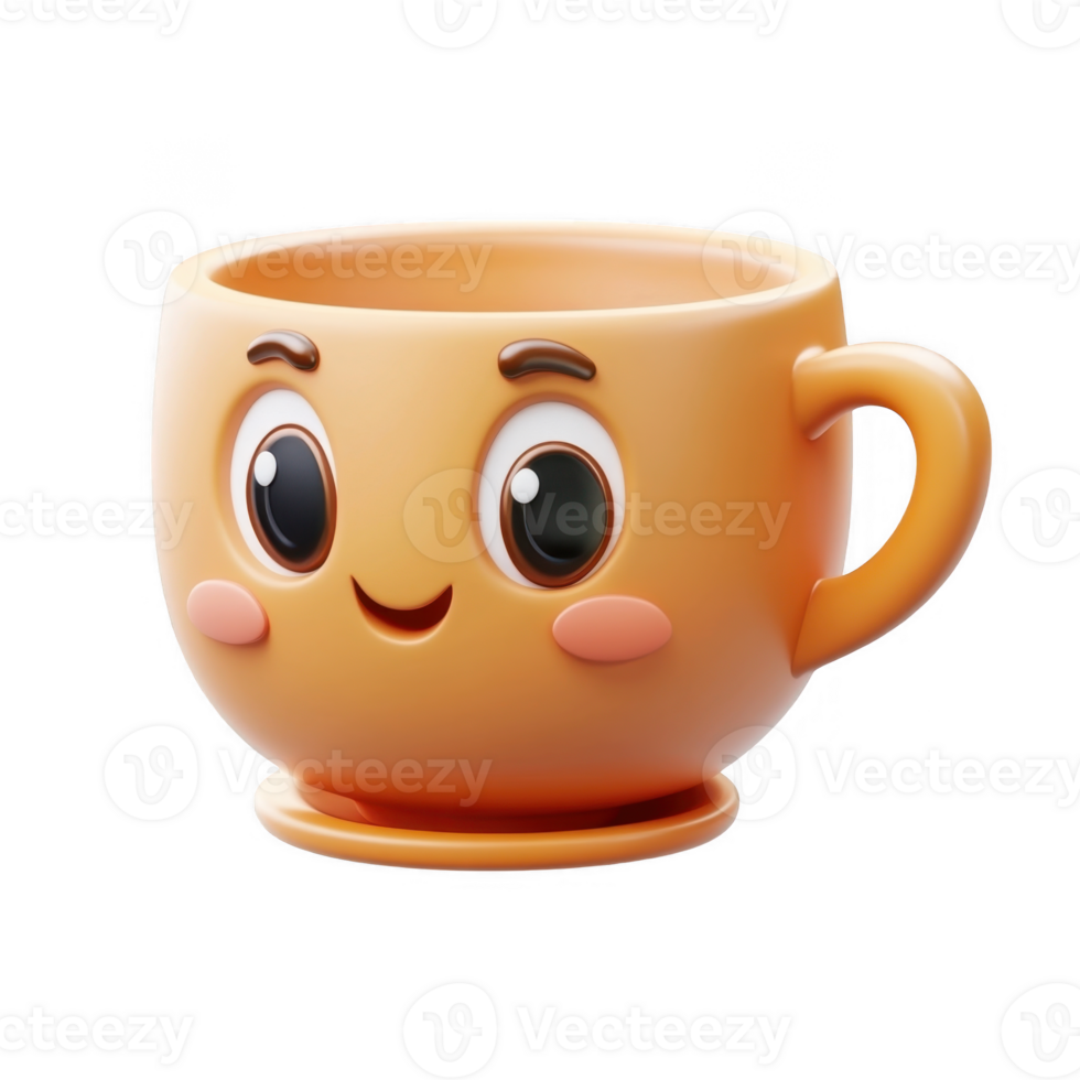 3d icon smiling cartoon coffee emoji mug with a brown handle, full of coffee, isolated on transparent background png