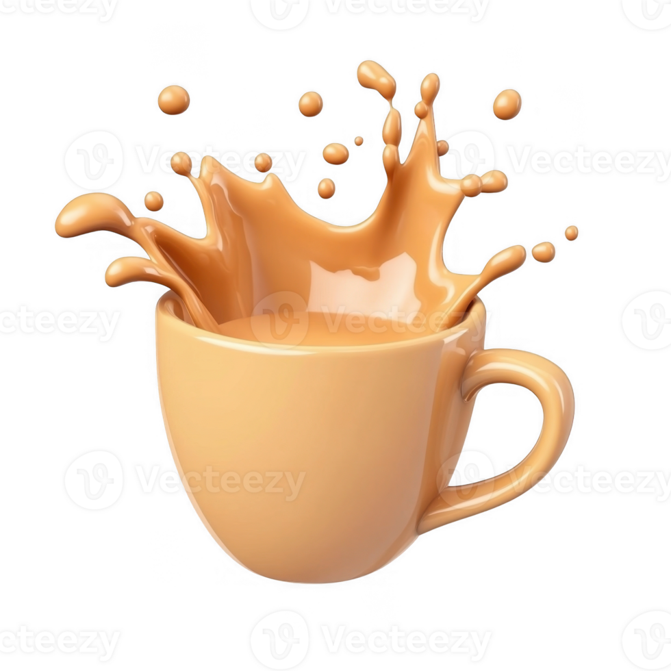 3d icon brown ceramic mug coffee filled with creamy chocolate milk creating a splash, isolated on a transparent background png