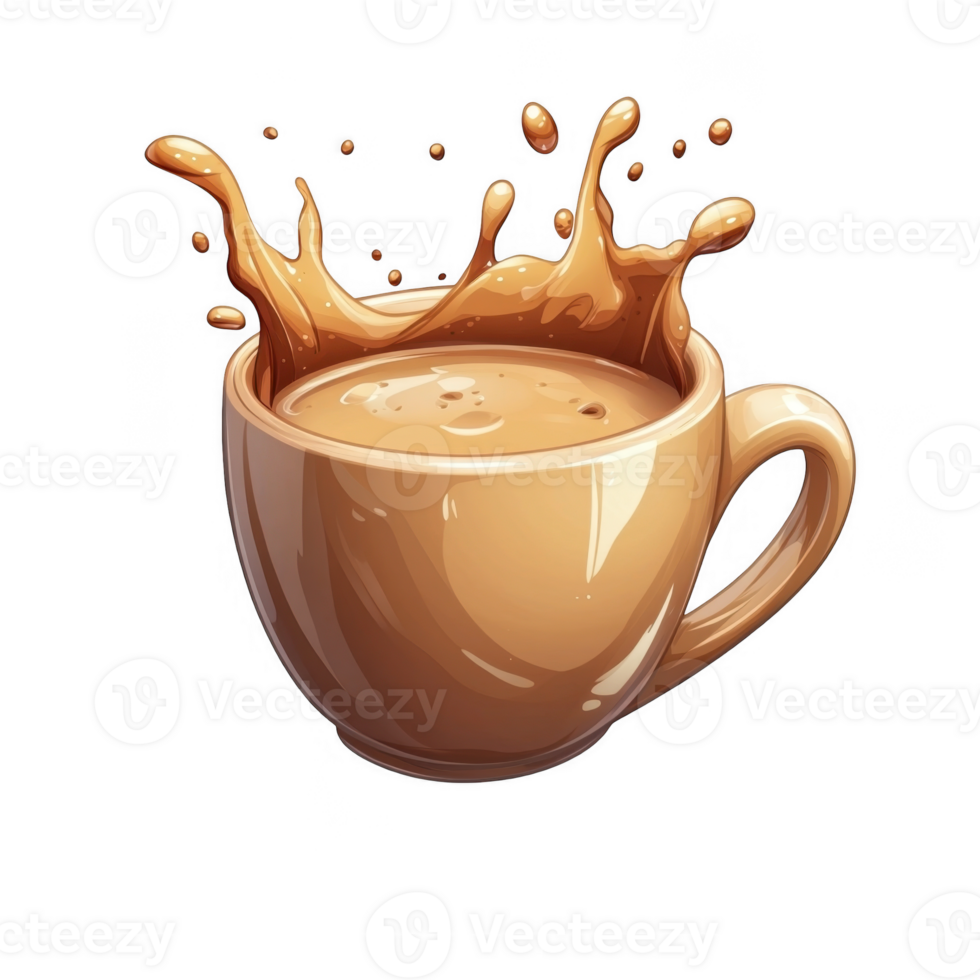3d icon Overflowing orange coffee liquid splashing from a cup on a isolated on a transparent background png