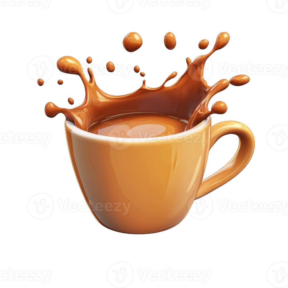 3d icon Overflowing orange coffee liquid splashing from a cup on a isolated on a transparent background png
