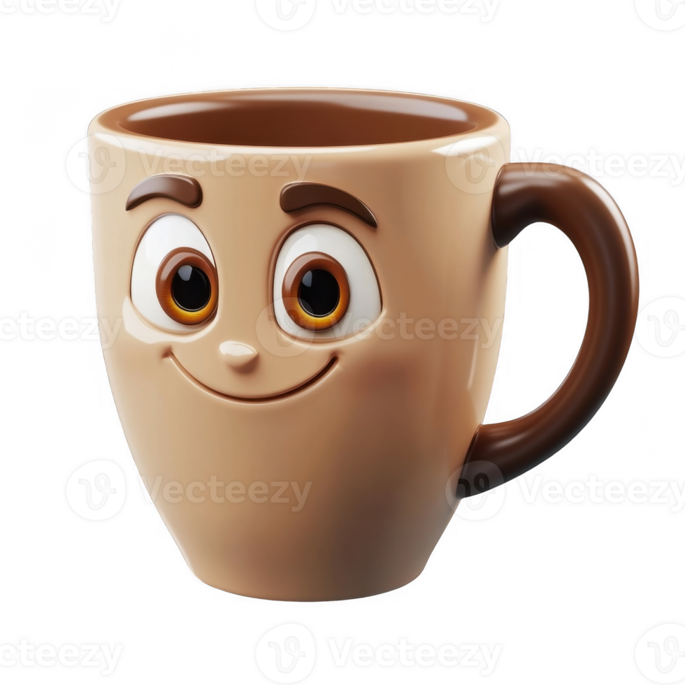 3d rendering of a smiling cartoon coffee mug with a brown handle, full of coffee, isolated on transparent background png