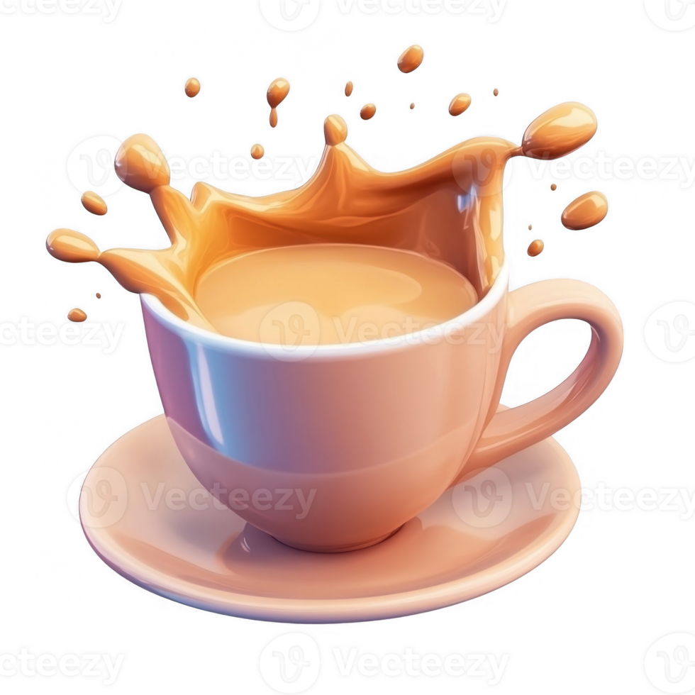 3d icon brown ceramic mug filled with creamy chocolate milk creating a splash Mocha Mousse, isolated on a transparent background png