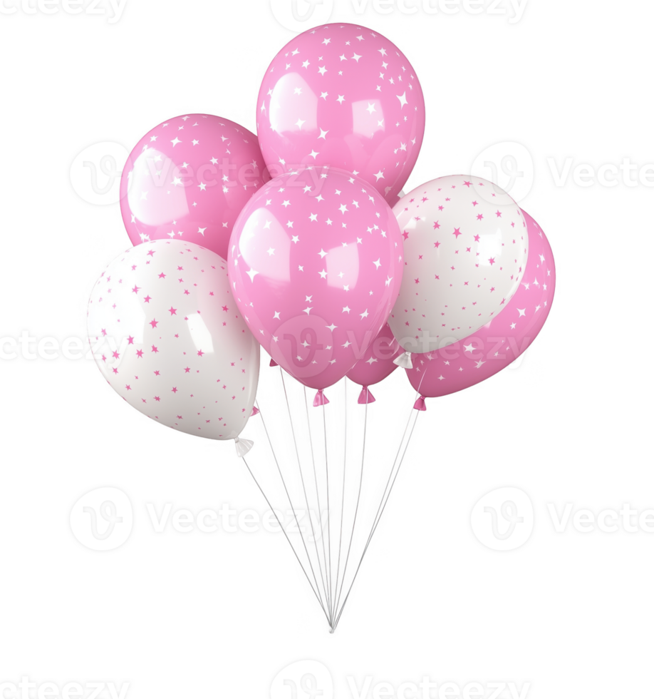 Pink and light star shaped balloons floating against a transparent background, ideal for baby showers, gender reveals, and birthdays png