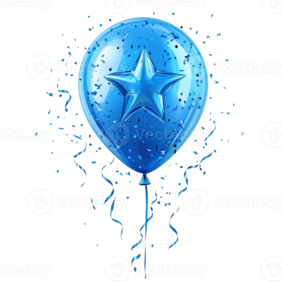 Shiny balloon with vibrant blue with star hues floating against birthday a transparent background, perfect for celebratory designs png