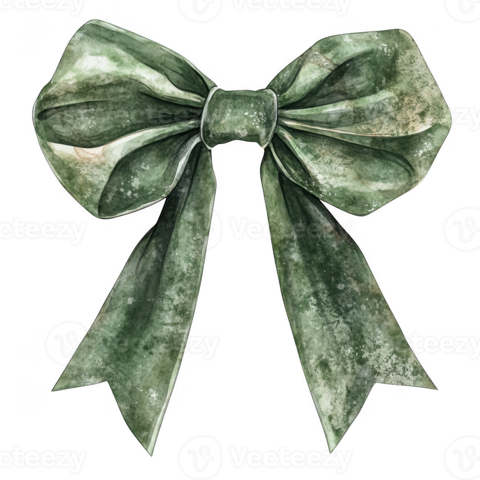 Dark Vintage green watercolor bow ribbon, hand painted with refined detail, lending artistic elegance to graphic design elements isolated on a transparent background png