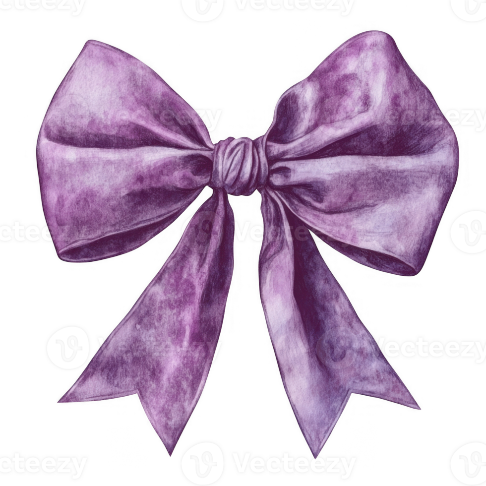 Elegant purple bow ribbon painted with watercolors, isolated on a transparent background, perfect for adding a touch of femininity to designs png