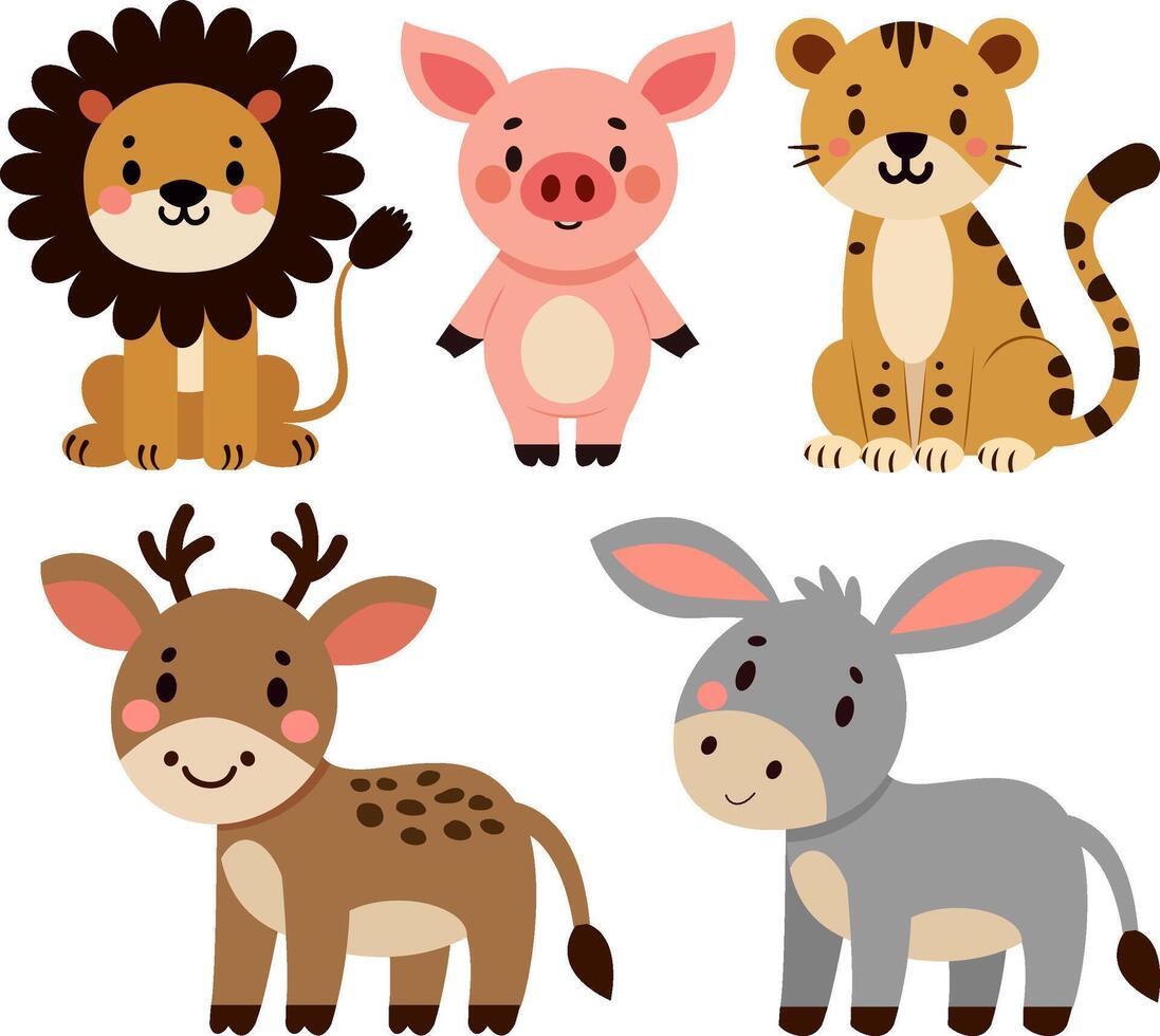 cute cartoon illustration of lion, pig, tiger, deer and donkey vector
