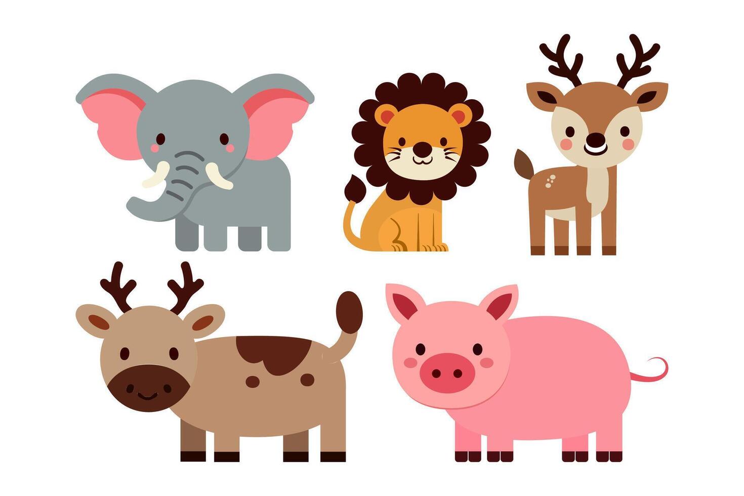 cartoon illustartion of elephant, lion, deer, cow and pig vector