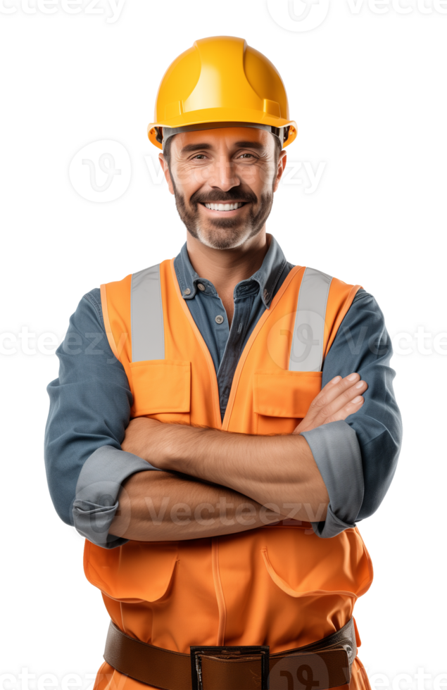Happy Construction Worker Crossed Arms Isolated on Transparent Background png