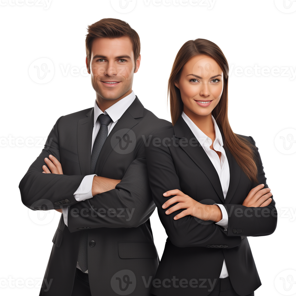 Happy Businessman and Businesswoman Team Back to Back Crossed Arms Isolated on Transparent Background png