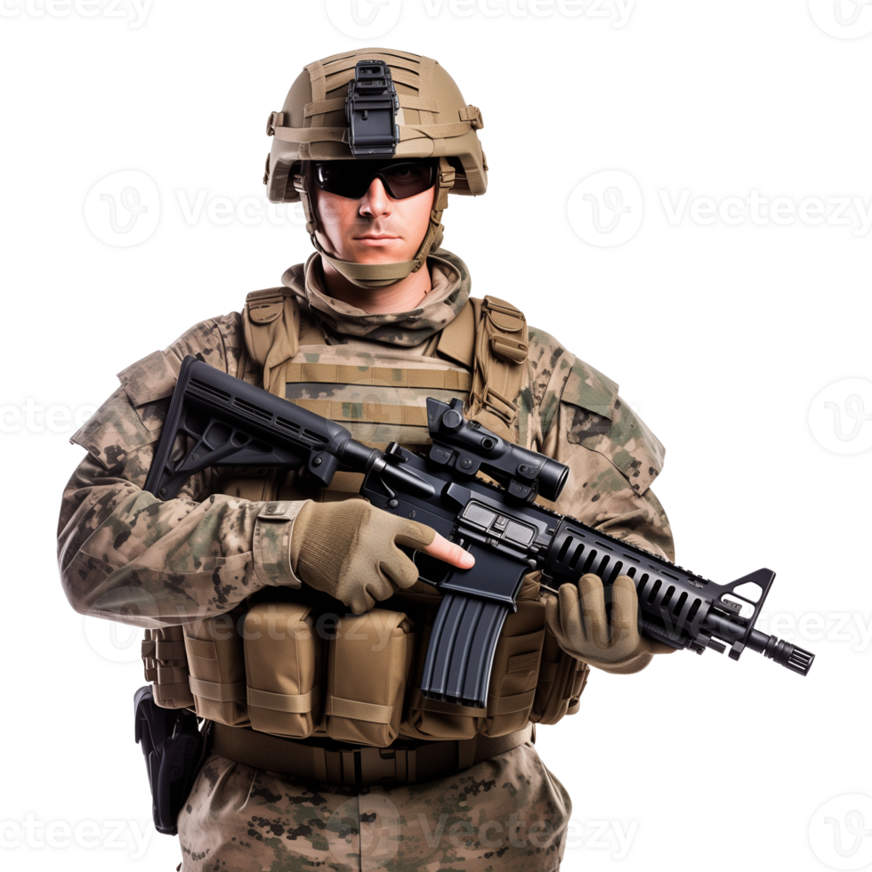 Military Soldier Holding Rifle Gun Isolated on Transparent Background png