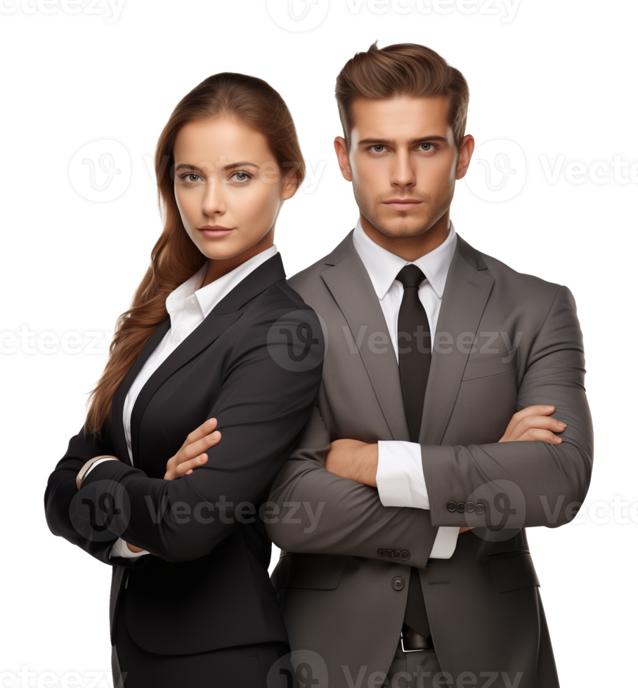 Serious Businessman and Businesswoman Team Back to Back Crossed Arms Isolated on Transparent Background png