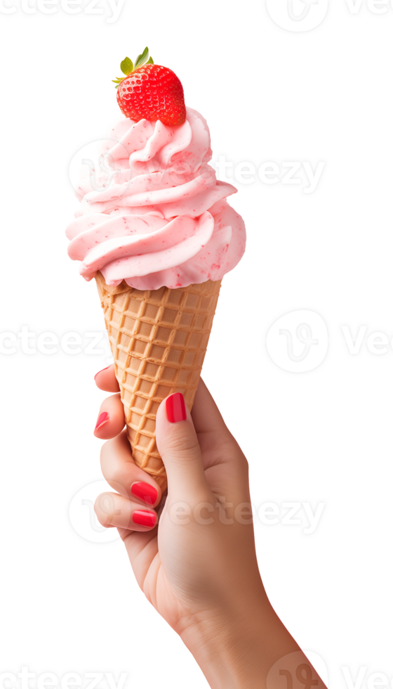 Hand Holding Strawberry Ice Cream Isolated on Transparent Background png