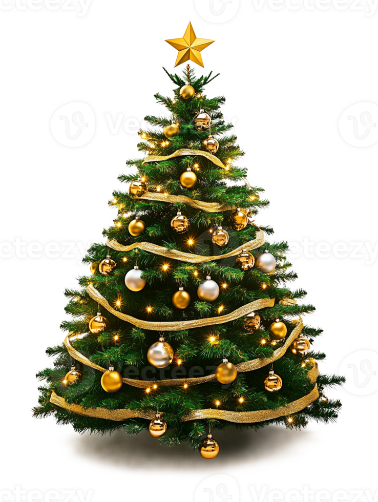Christmas Tree with Golden Balls and Ribbon Isolated on Transparent Background png