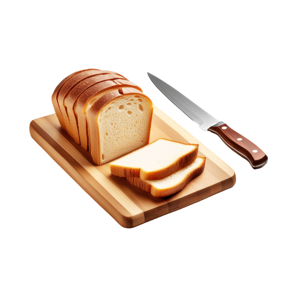 Chopping board and knife with fresh sliced bread on transparent background png