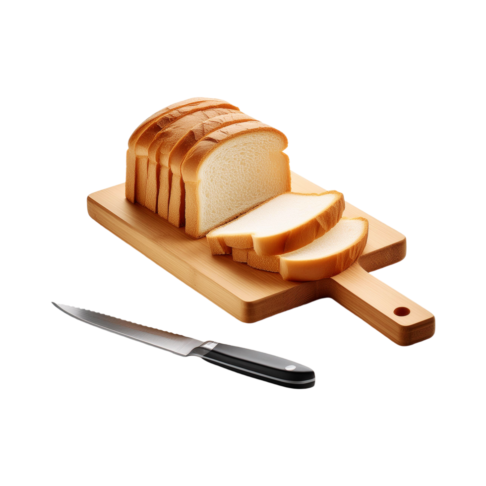 Wooden Chopping board and knife with sliced bread on transparent background png