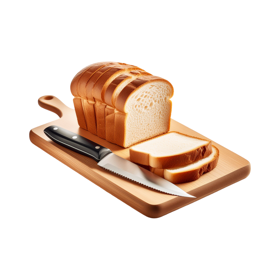 Wooden Chopping board and knife with bread slices on transparent background png