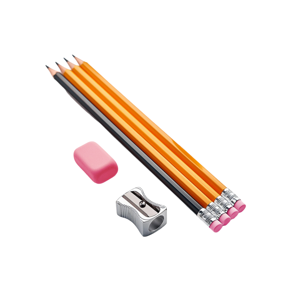Set of pencil with eraser and sharpner on transparent background png