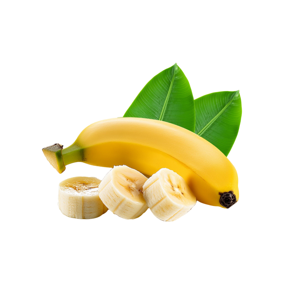 Ripe Banana fruit with slices and leaf on transparent background png