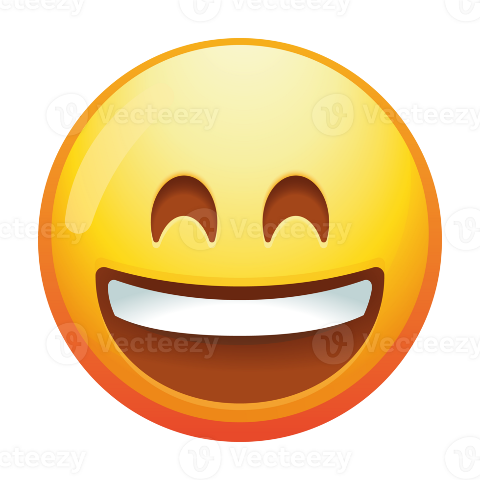 A cheerful grinning emoji face with smiling eyes and a broad smile, radiating happiness and warmth with bright yellow colors and simple features. png