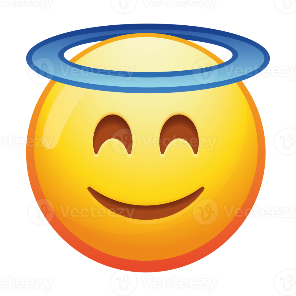 A delightful smiling emoji face with a halo, radiating positivity and innocence with bright yellow colors and a joyful expression. png
