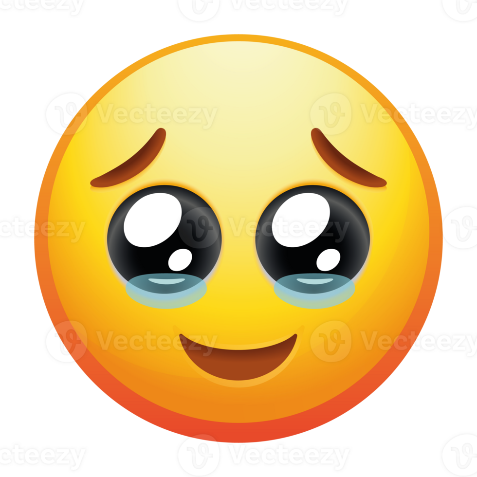 An emoji face holding back tears, featuring a big smile and glistening eyes, conveying a mix of joy and overwhelming emotions in bright yellow. png