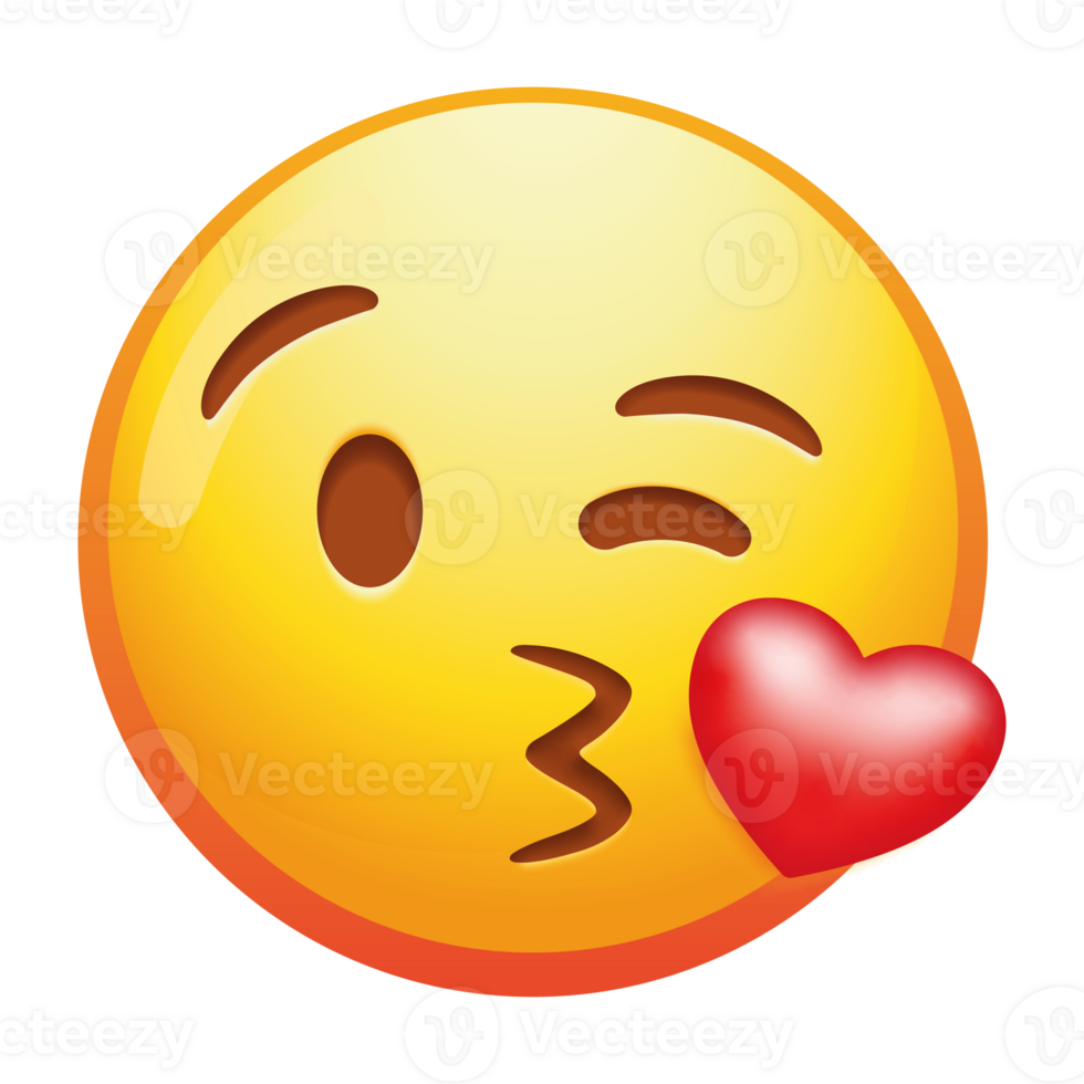 A playful emoji face blowing a kiss, featuring a wink and vibrant colors, expressing affection and love in a fun and cheerful way. png