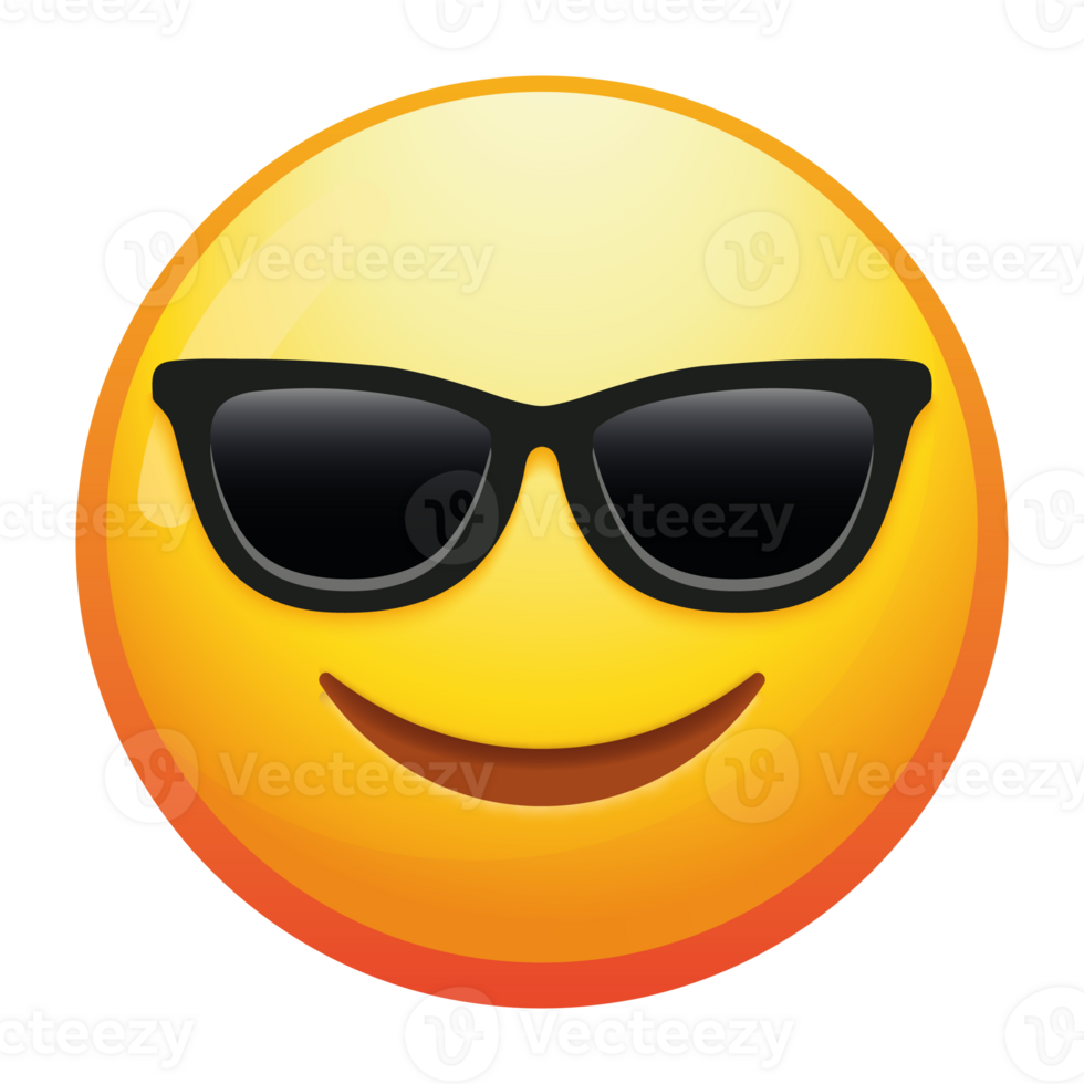 A cool emoji smiling face with sunglasses, exuding confidence and fun with a bright smile and vibrant yellow colors. png