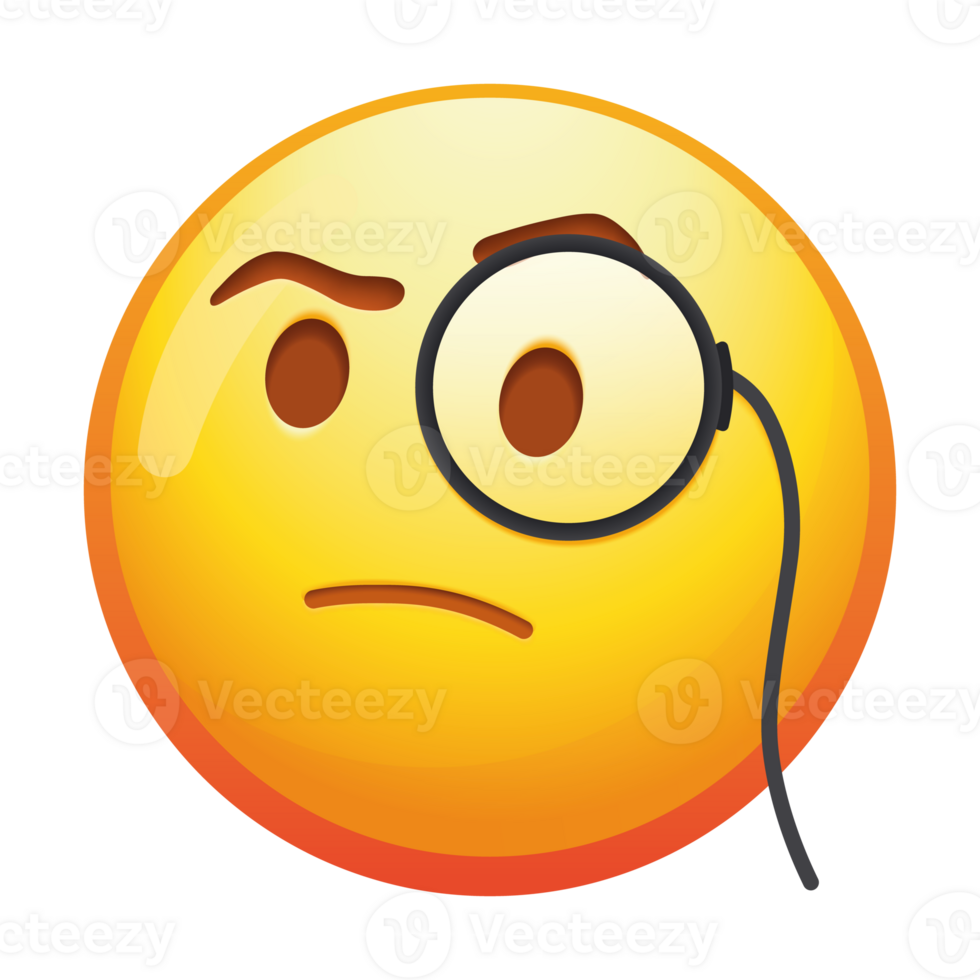 A distinguished emoji face with a monocle, conveying curiosity and sophistication with a subtle smile and bright yellow colors. png