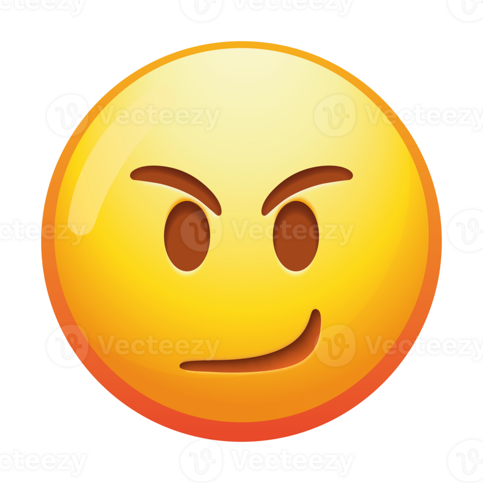 An angry smirking emoji face, showcasing a mischievous grin combined with furrowed brows, expressing playful defiance in vibrant yellow tones. png