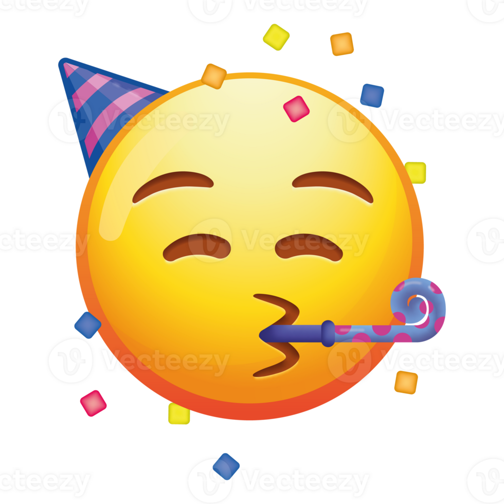 A festive partying emoji face with a party hat and blowing confetti, expressing joy and celebration with bright yellow colors. png