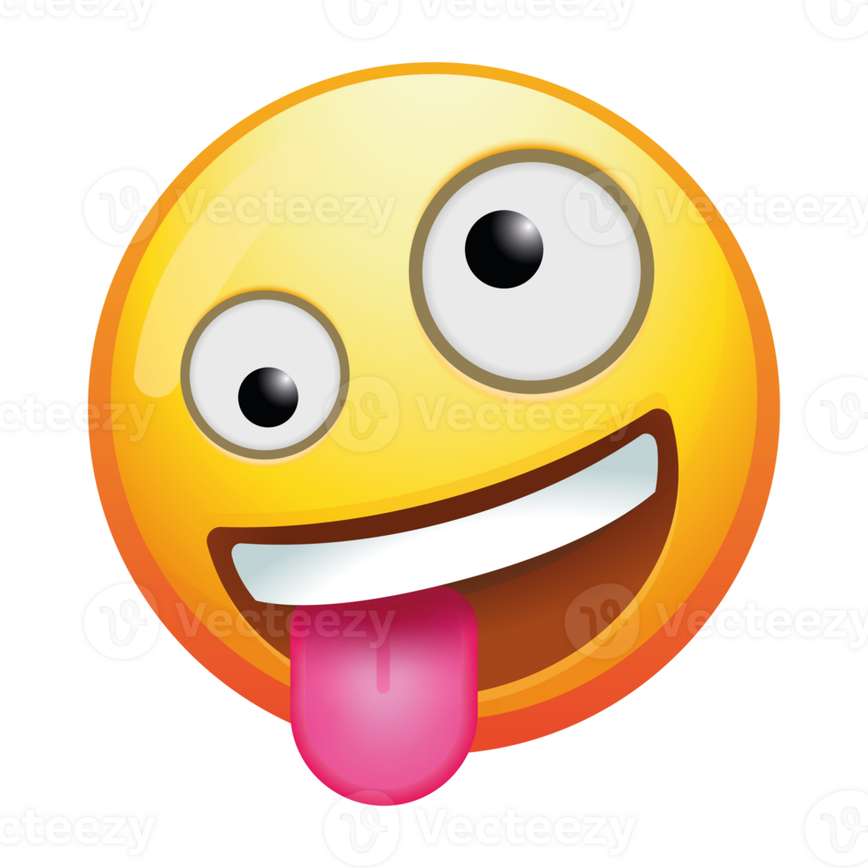 A zany emoji face with a wild expression, featuring a big grin and quirky features, capturing a sense of fun and excitement with bright yellow colors. png
