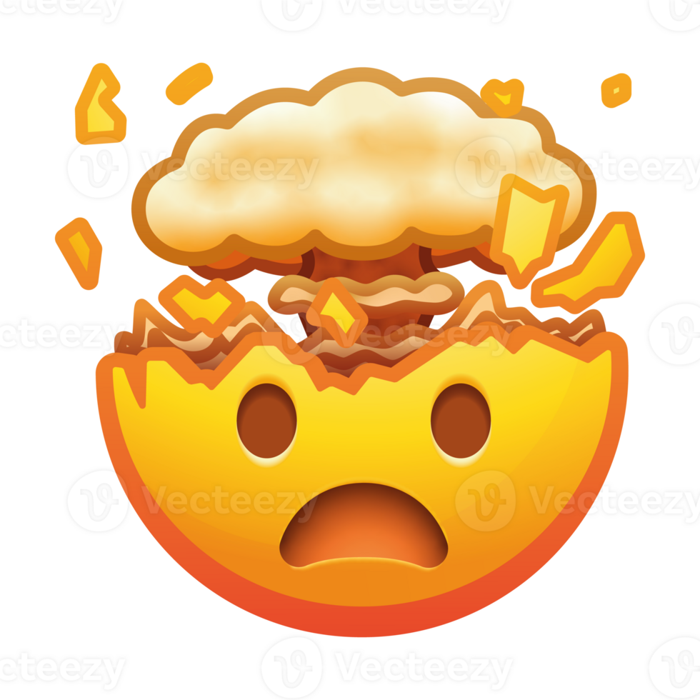 An exploding head emoji, showcasing a face with an open mouth and bursting brains, expressing shock and amazement in vivid yellow tones. png