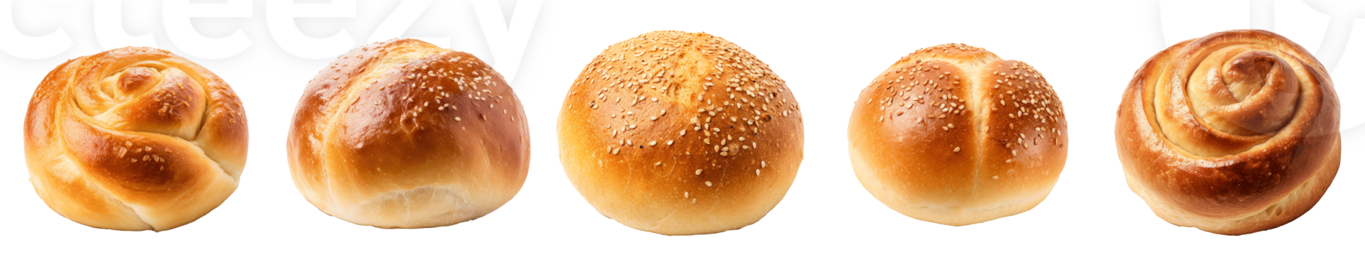 Assorted freshly baked bread rolls arranged on a transparent background png
