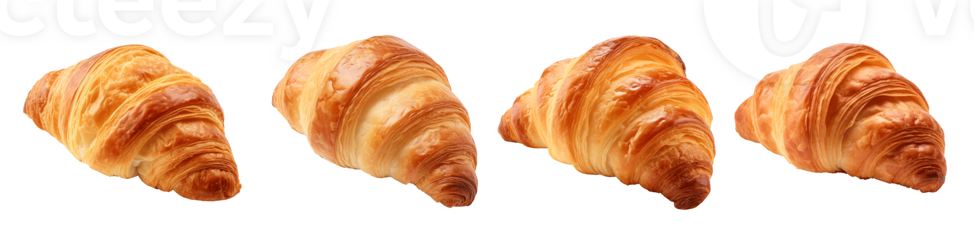 Four freshly baked croissants arranged in a line on a transparent background png