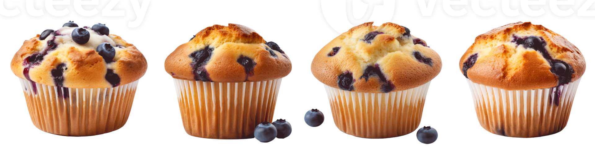Four delicious blueberry muffins arranged in a row on a white background png